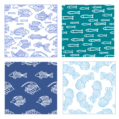 Vector set of seamless fish and jellyfish patterns. Duotone doodles illustrations. Boundless background can be used for web page background, wrapping paper and invitation.のイラスト素材