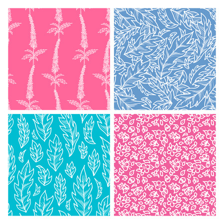 Vector seamless pattern of flowers and leaves. White linear tiny flowers and pinnate leaves on colored backgrounds. Bright spring and summer boundless backgrounds. Tileable design elements.のイラスト素材