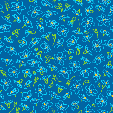 Forget-me-nots boundless background. Outline light blue tiny flowers on dark blue background. Tileable design element.のイラスト素材