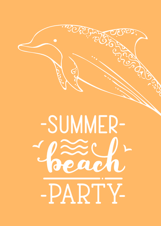 White linear dolphin on bright background. Unique calligraphic phrase written by brush. Wild life. Ready-to-use vector print for your design.のイラスト素材