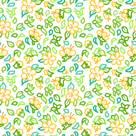 Vector seamless outline floral pattern. Outline tiny yellow flowers and green pinnate leaves on white background. Bright spring and summer boundless backgrounds. Tileable design elements.のイラスト素材