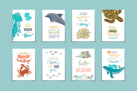 Set of 8 pre-made sea / ocean cards. Unique calligraphic quotes and phrases written by brush. Wild underwater animals, fish and plants. Vector ready-to-use prints for your design.のイラスト素材