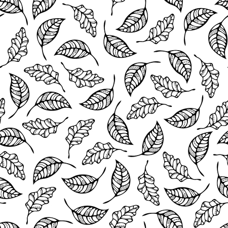 Black doodles ash and oak leaves on white background. Fall or summer boundless background. Tileable elements.のイラスト素材