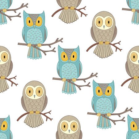 Cute cartoon owls on white background. Vector boundless background for your design.のイラスト素材