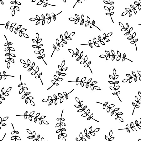 Black doodles rowan leaves on white background. Fall or summer boundless background. Tileable elements.のイラスト素材