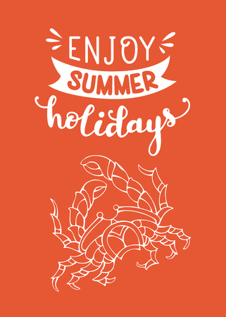 White outline crab on bright red background. Unique calligraphic phrase written by brush. Wild life. Ready-to-use vector print for your design.のイラスト素材