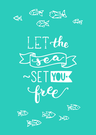 White outline school of fish on bright green background. Unique calligraphic phrase written by brush. Wild underwater life. Ready-to-use vector print for your design.のイラスト素材