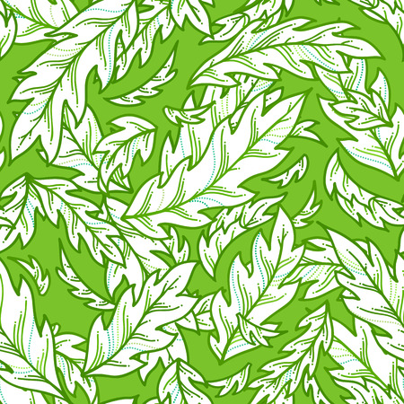 Contours of pinnate leaves on green background. Bright summer boundless background. Tileable design element.のイラスト素材