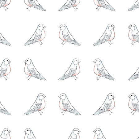Colored contours of birds on white background. Boundless background for your design. Seamless repeating tiles.のイラスト素材
