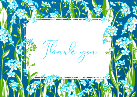 Forget-me-nots. Tiny blue flowers and green leaves. There is copy space for your text on white paper. A5 landscape format paper size with bleed 2 mm.のイラスト素材