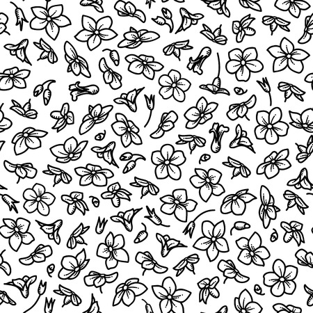 Forget-me-nots boundless background. Black linear tiny flowerson white background. Tileable design element.のイラスト素材