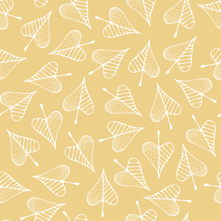 White linear autumn leaves on yellow background. Fall boundless background. Tileable elements.のイラスト素材