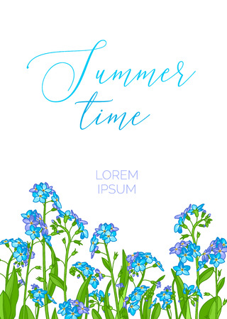 Blue and violet forget-me-nots on white background. There is copy space for your text. A5 portrait format paper size with bleed 2 mm.のイラスト素材