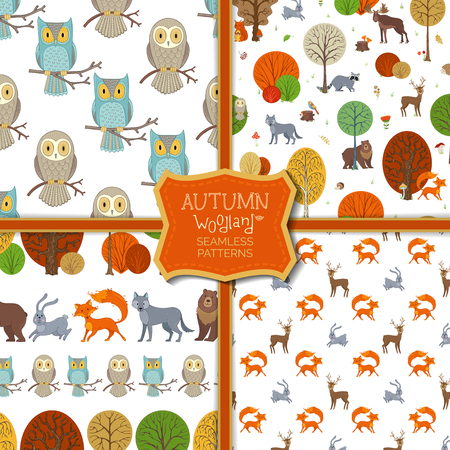 Cute wild animals and birds, autumn trees and bushes. Fox, moose, deer, bear, squirrel, raccoon, hedgehog and others. Tileable backgrounds.のイラスト素材