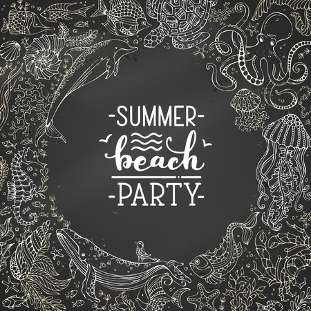 Vector dark chalkboard background with underwater fish, wild animals and plants. Round frame.のイラスト素材