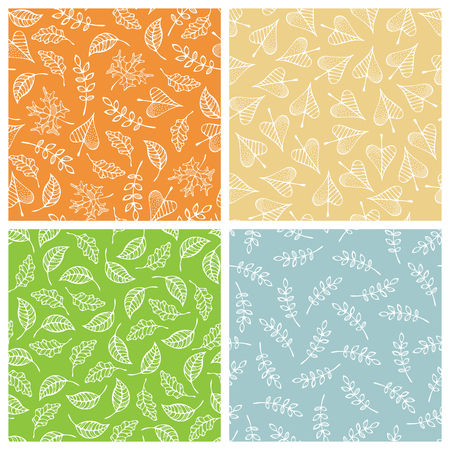 Linear contours of maple, oak, rowan, ash and linden leaves on colored background. Fall boundless background. Vector tileable backgrounds.のイラスト素材