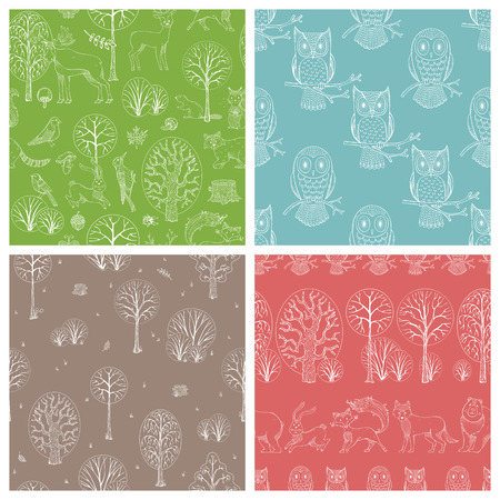 Cute outline wild animals and birds, autumn trees and bushes. Fox, moose, deer, bear, squirrel, raccoon, hedgehog and others. Vector tileable backgrounds.のイラスト素材