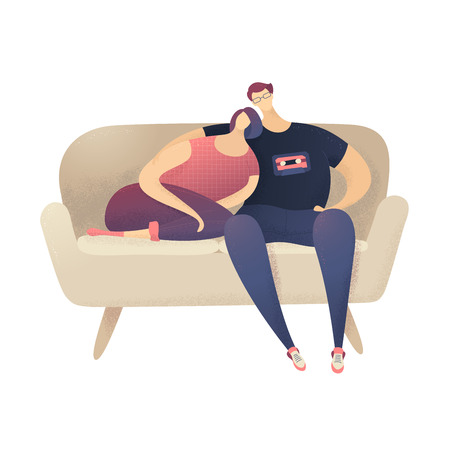 Two young lovers. Flat illustration. Hand-drawn stipple texture.のイラスト素材