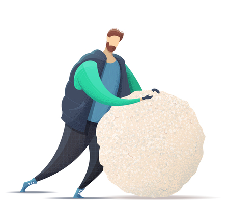 A young man dressed in outerwear makes a big snowball for a snowman. Flat vector outdoor illustration. Isolated on white background.のイラスト素材