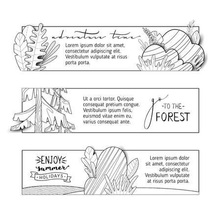 Nature landscapes. Linear firs, leaves, stones and grass. Copy space for your text in the sky.のイラスト素材