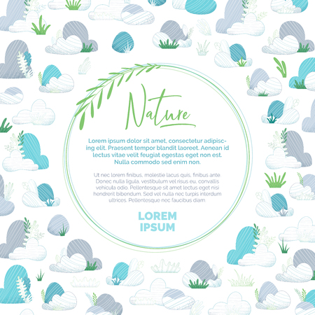 Stones with grass and leaves on white background. Flat illustration with filled and outlined elements. There is copy space for text inside the round frame.のイラスト素材