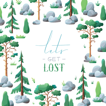 Lets get lost. Various coniferous trees and bushes. Pines, spruces, cypress, stones and grass. Flat background with modern noise texture. Round frame for your text.のイラスト素材