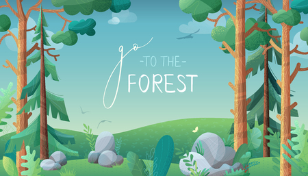 Vector horizontal background. There are pine and fir on green hills. Stones and grass are in foreground. Clouds, birds and butterflies in the sky. Flat background with noise texture.のイラスト素材