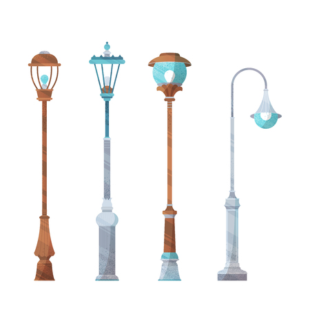 Four street lights isolated on white background. Flat illustration with modern noise texture, lights and shadows.のイラスト素材