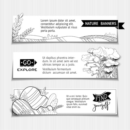 Nature landscapes. Doodles pine, fir, stones and fields. Copy space for your text in the sky.のイラスト素材