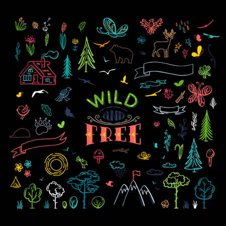 Trees, wild animals, mountains, clouds, butterflies, flowers, leaves, etc. Illustrations is cartoon style isolated on a white background.のイラスト素材