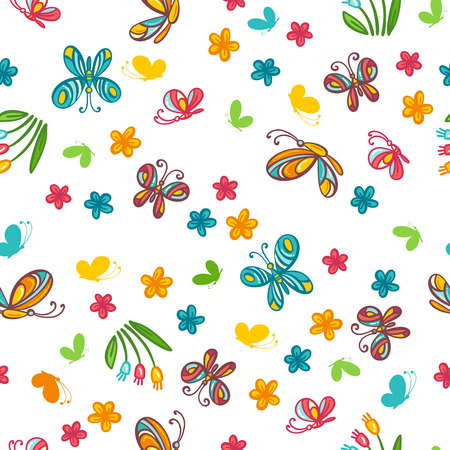 Flowers and butterflies on a white. Bright boundless background for your design.のイラスト素材