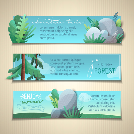 Nature landscapes. Firs, leaves, stones and grass. Flat background with modern noise texture. Copy space for your text in the sky.のイラスト素材