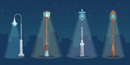 Four street lamps on dark background. Flat illustration with modern grain texture, lights and shadows.のイラスト素材