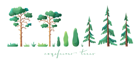 Pine, fir, cypress and grass isolated on white background. Flat illustration with modern noise texture, lights and shadows.のイラスト素材