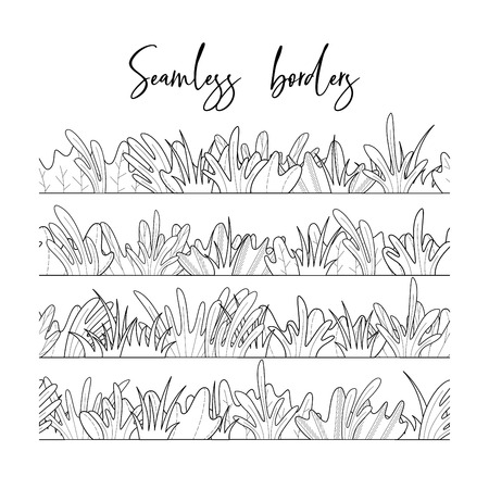 Doodles grass and leaves isolated on white background. Boundless summer design elements.のイラスト素材