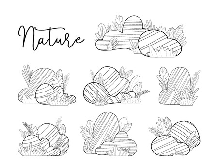 Big and small stones with grass and leaves isolated on a white background. Black and white doodles illustration. Elements for your design.のイラスト素材