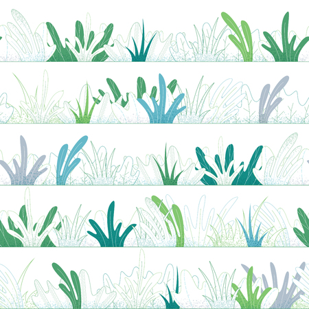 Grass and leaves on a white. Boundless summer background. Filled and outlined design elements.のイラスト素材