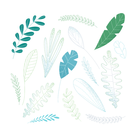 Green and blue design elements isolated on white background. Filled and outlined. Flat nature illustration.のイラスト素材