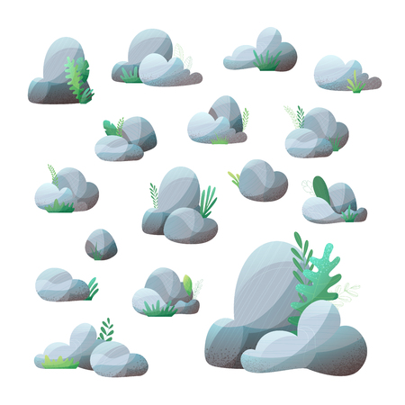 Grey rocks with grass and leaves isolated on white background. Flat illustration with modern noise texture, lights and shadows.のイラスト素材