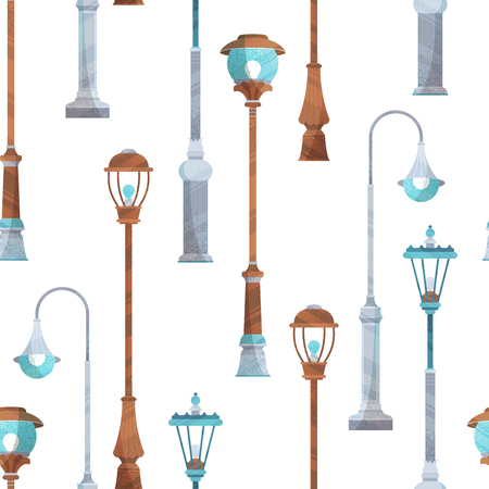 Various street lamps on white. Flat boundless background with modern stipple texture, lights and shadows.のイラスト素材