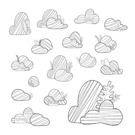 Big and small stones with grass and leaves isolated on a white background. Duotone doodles illustration. Elements for your design.のイラスト素材