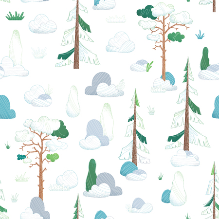 Ð¡oniferous trees on white. Pines, spruces and cypress, stones and grass. Flat boundless background. Flat and linear illustration.のイラスト素材
