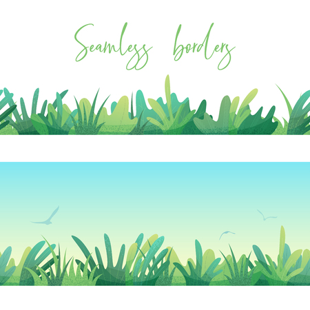 Various grass and leaves on white and sky backgrounds. Boundless summer design elements.のイラスト素材