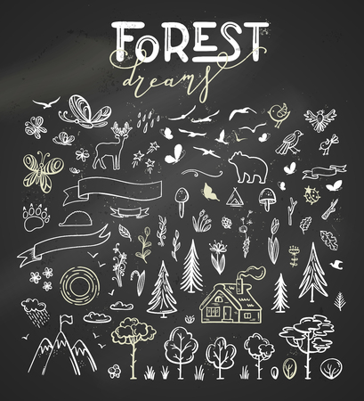 Trees, wild animals, mountains, clouds, butterflies, flowers, leaves, etc. Illustrations is cartoon style isolated on a white background.のイラスト素材
