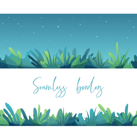 Grass and leaves on white and sky backgrounds. Boundless summer design elements.のイラスト素材