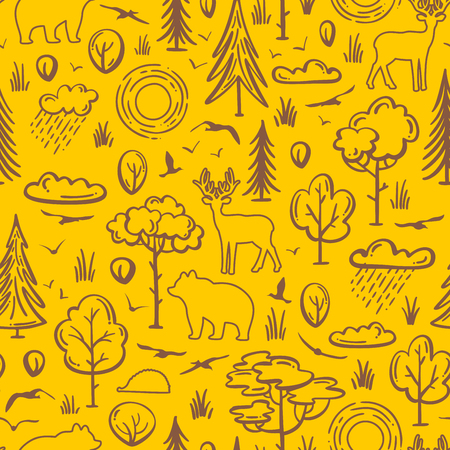 Contours of trees and bushes, sun and clouds, wild animals. Deer, bear, hedgehog among the trees. Bright yellow boundless background for your summer design.のイラスト素材