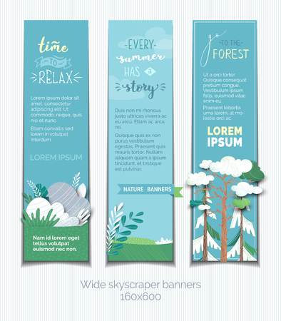 Nature landscapes. Pine, firs, stones, leaves and grass. Flat background with modern grain texture. Copy space for your text in the sky.のイラスト素材