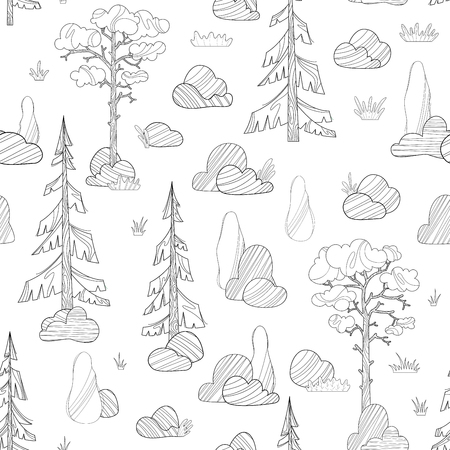 Doodles coniferous trees on a white. Pines, spruces and cypress, stones and grass. Hand-drawn boundless background. Can be used for a coloring book for adults.のイラスト素材