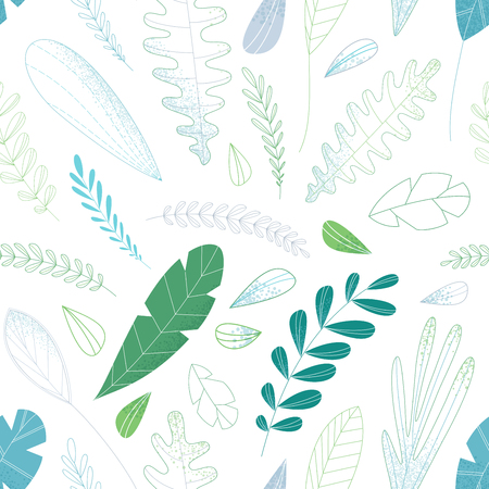 Leaves and grass on white background. Filled and outlined. Boundless nature background.のイラスト素材