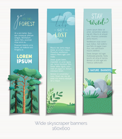 Nature landscapes. Pine, firs, stones, leaves and grass. Flat background with modern grain texture. Copy space for your text in the sky.のイラスト素材